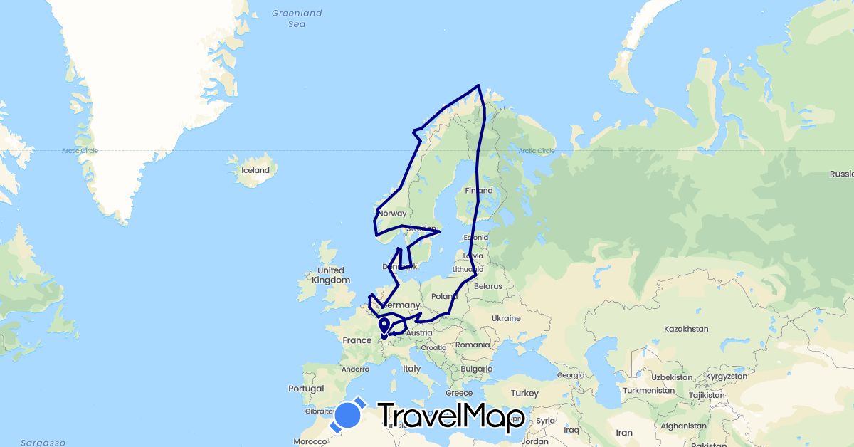 TravelMap itinerary: driving in Austria, Belgium, Switzerland, Czech Republic, Germany, Denmark, Estonia, Finland, Lithuania, Luxembourg, Latvia, Netherlands, Norway, Poland, Sweden (Europe)
